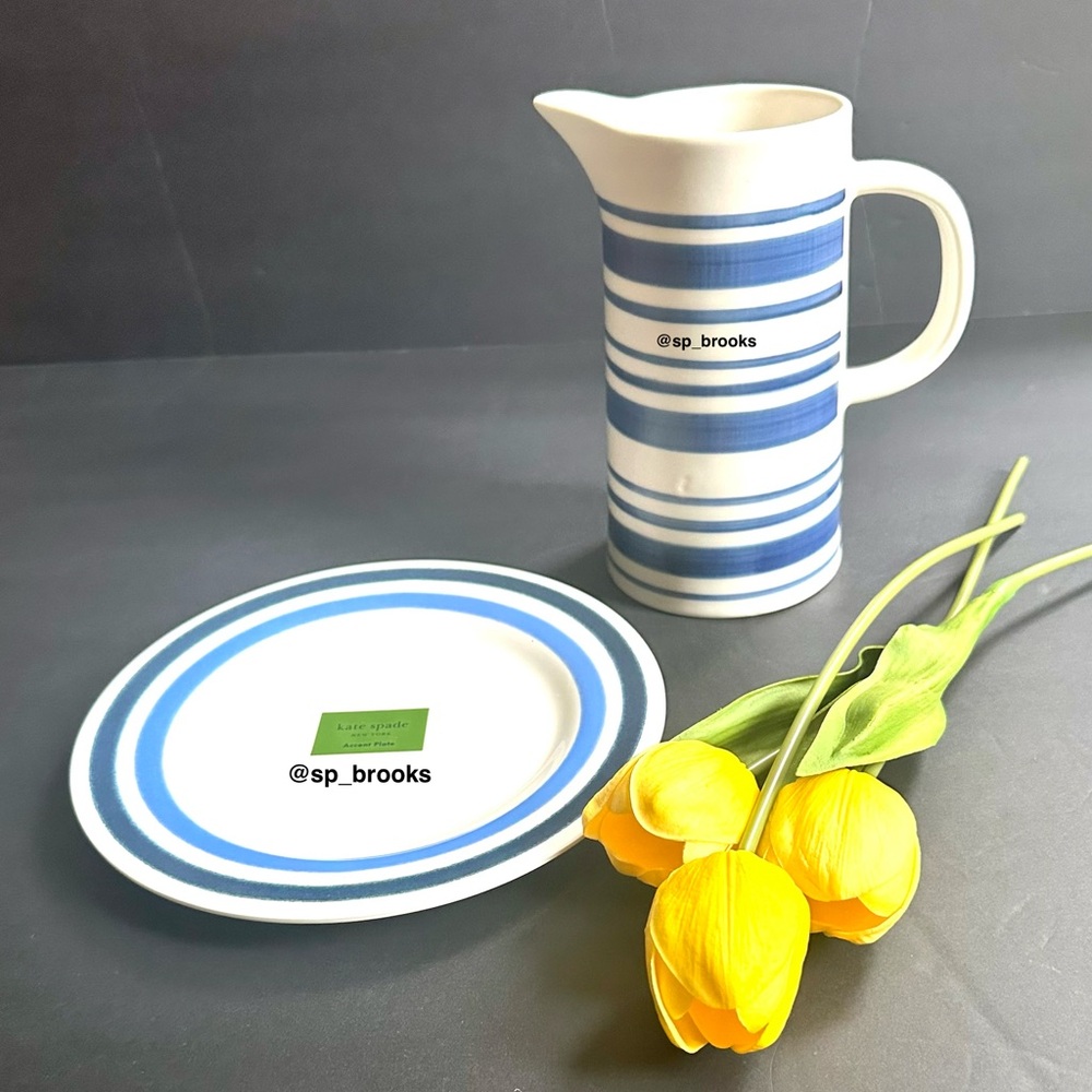 DEMDACO Tall Pitcher - 2 Pints - Blue & White Stripe Ceramic Pitcher - 7.5” Tall